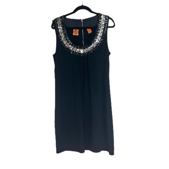 Tory Burch Jet Embellished Shift Mini Dress 100% Merino Wool Black Women Size L - Picture 2 of 8